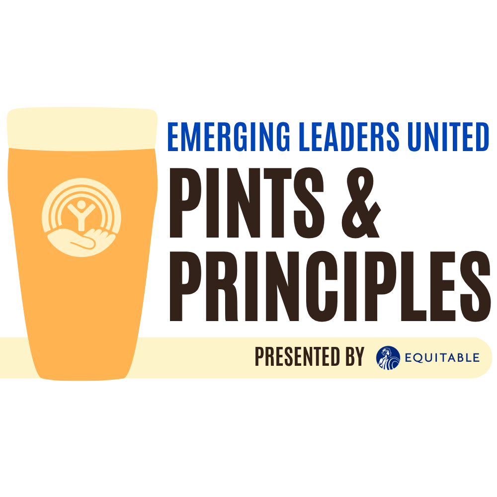 Pint glass illustration beside bold text 'Emerging Leaders United Pints & Principles' with 'Presented by Equitable' and logo.