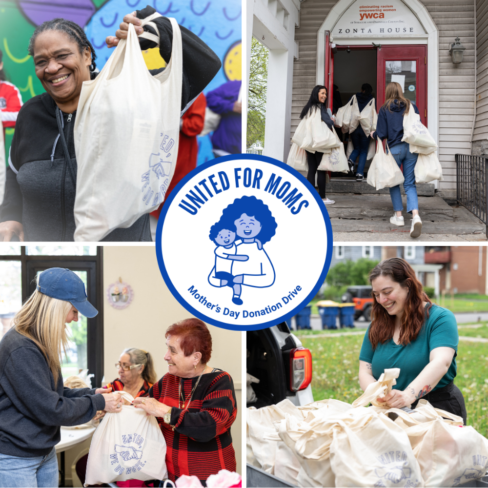 Collage of volunteers delivering and collecting tote bags for a Mother's Day donation drive, centered by the United for Moms logo.